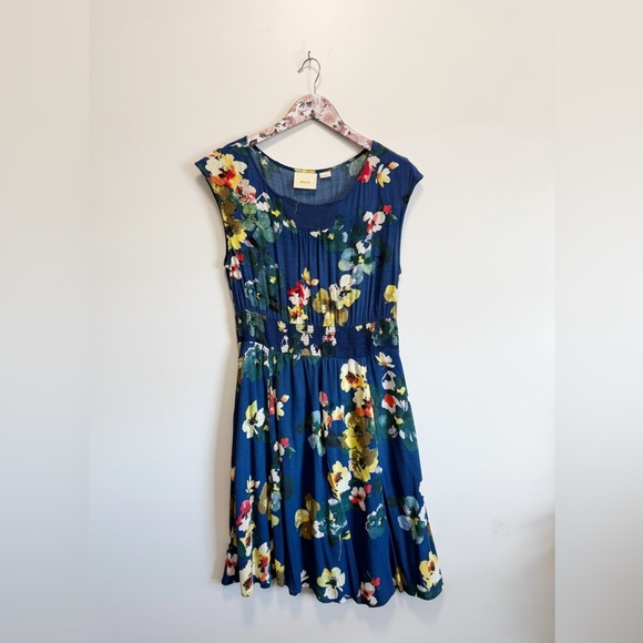 Anthropologie MAEVE Evaline Blue Floral Short Cap Sleeve Dress Smocked S Small - Picture 3 of 10